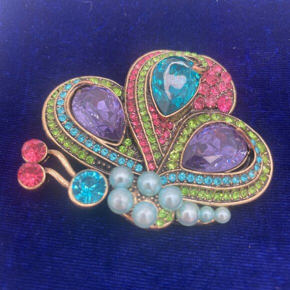 Colorful Butterfly Brooch With Rhinestones & Faux Pearls For Women 2 Inches Mult - Picture 8 of 8